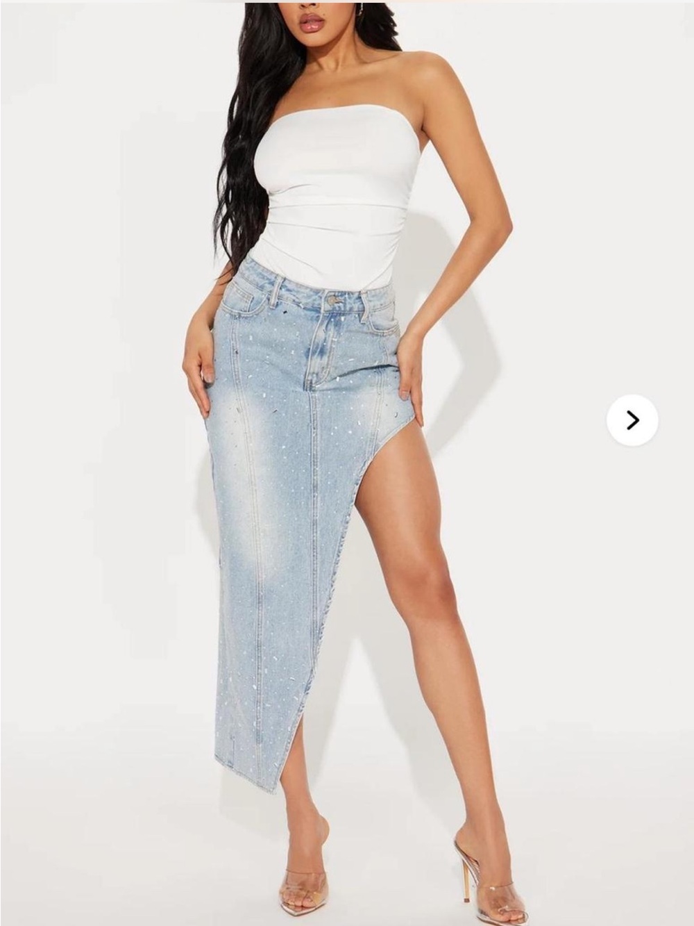 Fashion Nova Sz M 8/10 Asymmetric Light Wash Denim Midi Skirt with Rhinestones